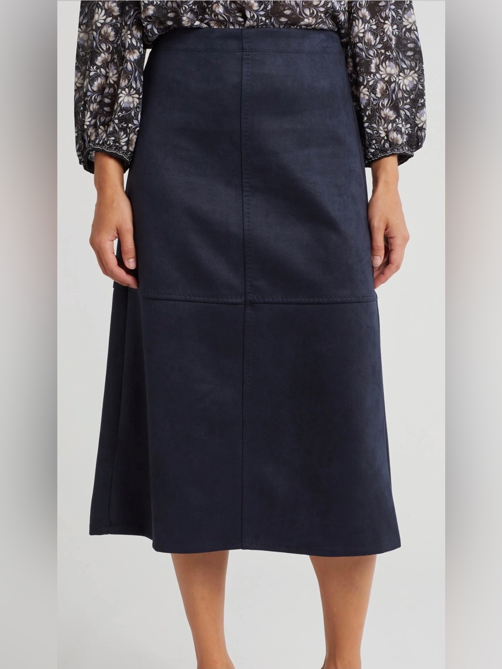 Max Studio Faux Suede Classic A-Line Midi Skirt Dark Navy Size Large